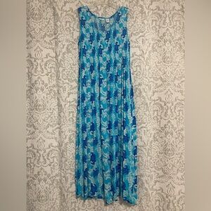 Kaktus Smocked Tropical Floral Turtle Print Boho Resort Maxi Dress Blue White L